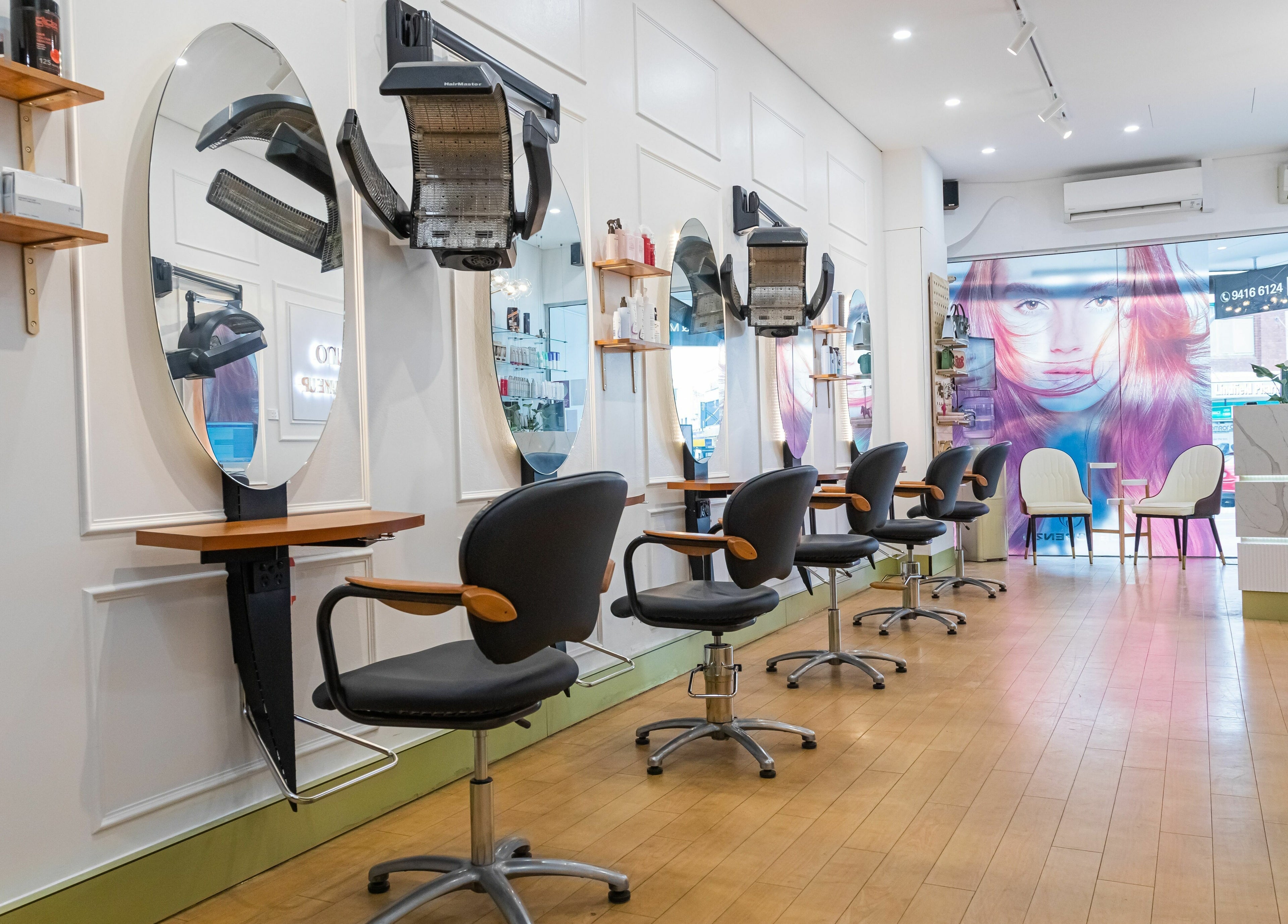 Modern salon chairs and mirrors at Bruno Hair and Makeup in Lindfield, New South Wales, AU.