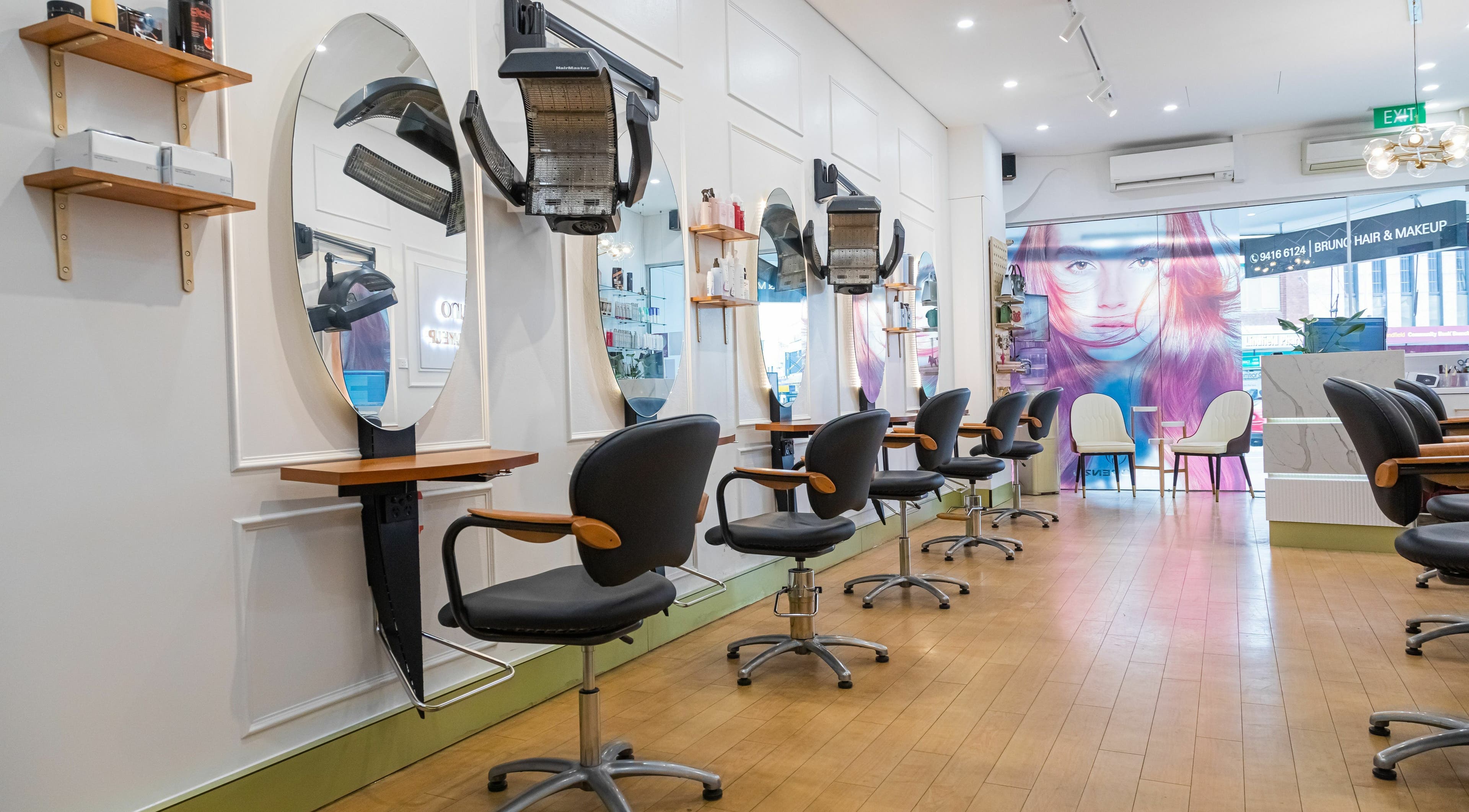 Modern salon chairs and mirrors at Bruno Hair and Makeup in Lindfield, New South Wales, AU.