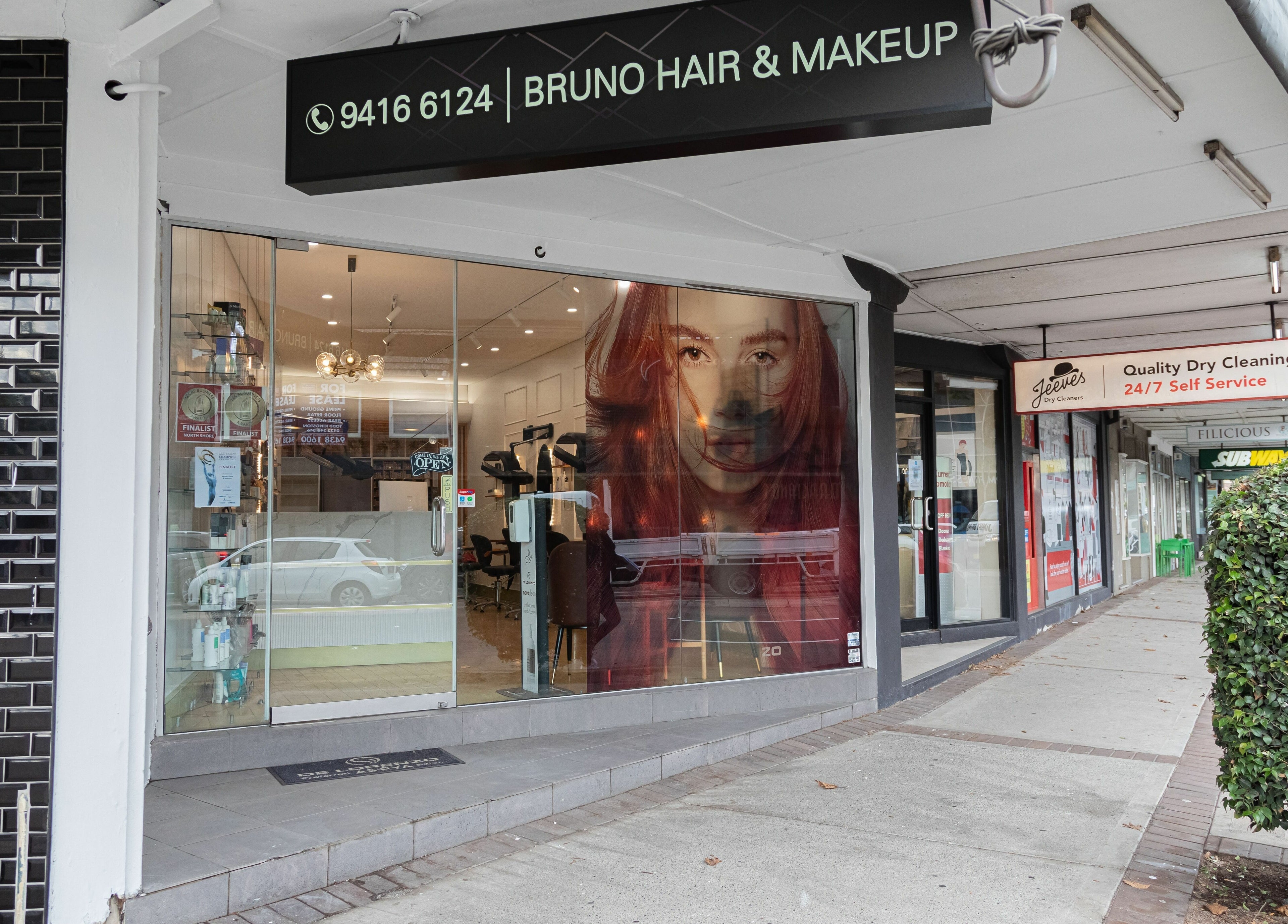 Front view of Bruno Hair and Makeup in Lindfield, New South Wales, AU showcasing modern salon design.