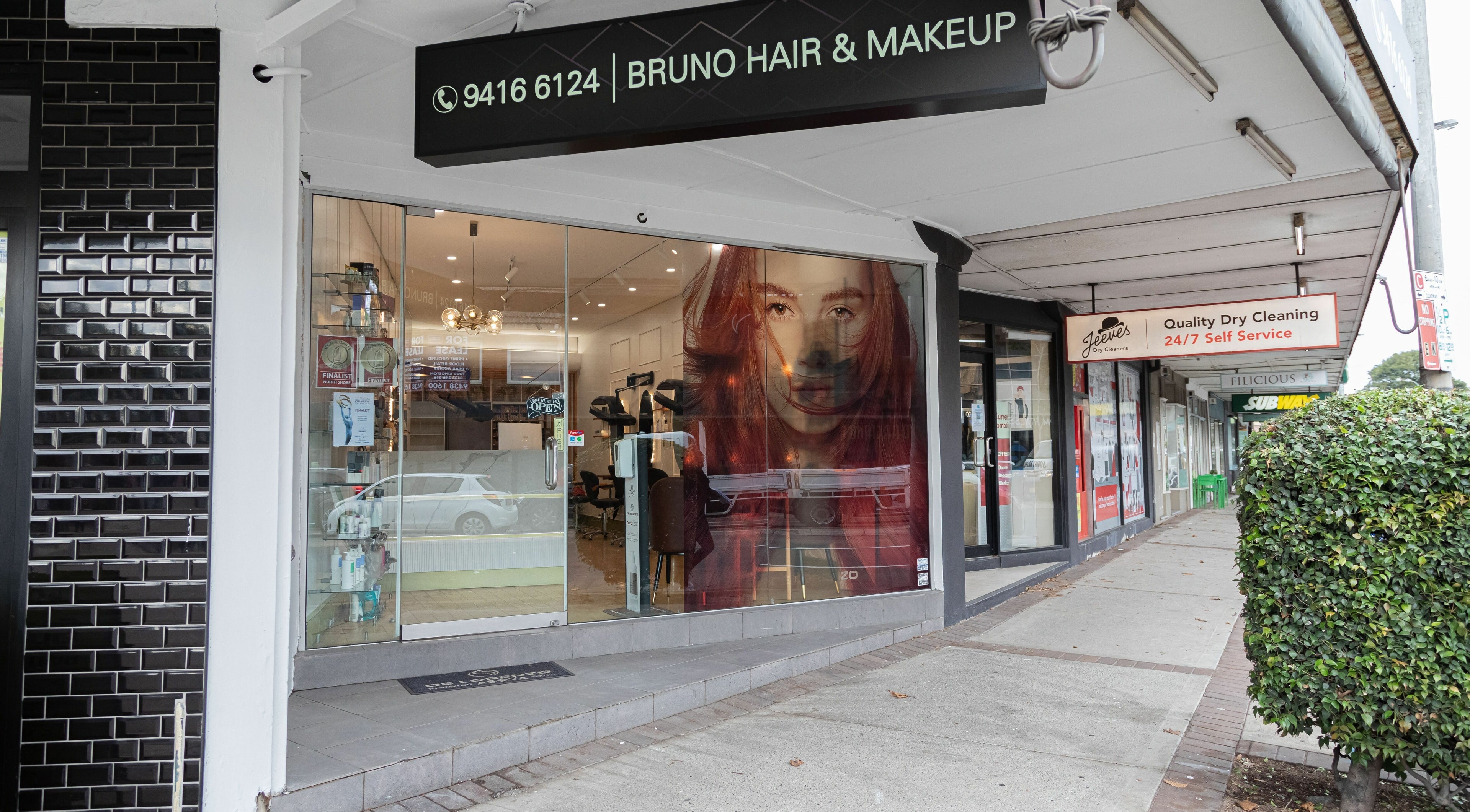 Front view of Bruno Hair and Makeup in Lindfield, New South Wales, AU showcasing modern salon design.