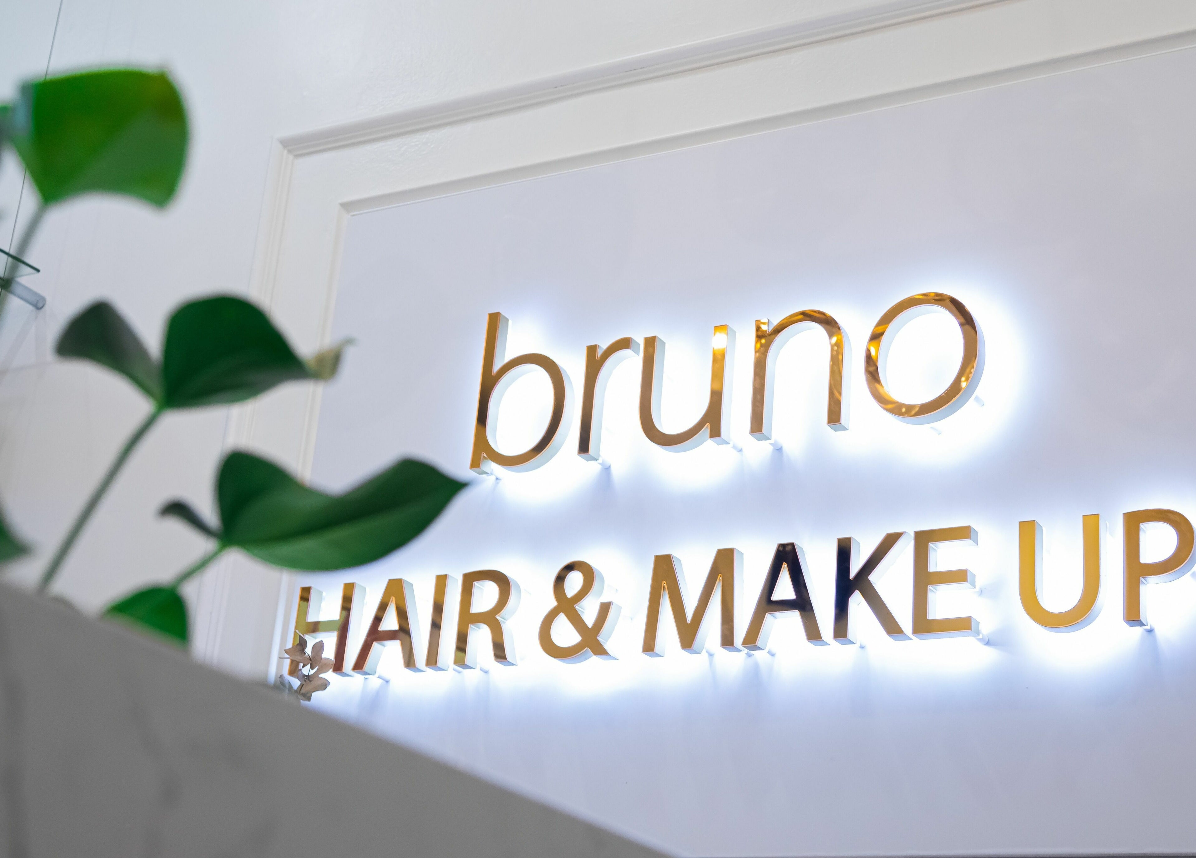 Brightly lit sign of Bruno Hair and Makeup in Lindfield, New South Wales, AU with leafy decor in the foreground.