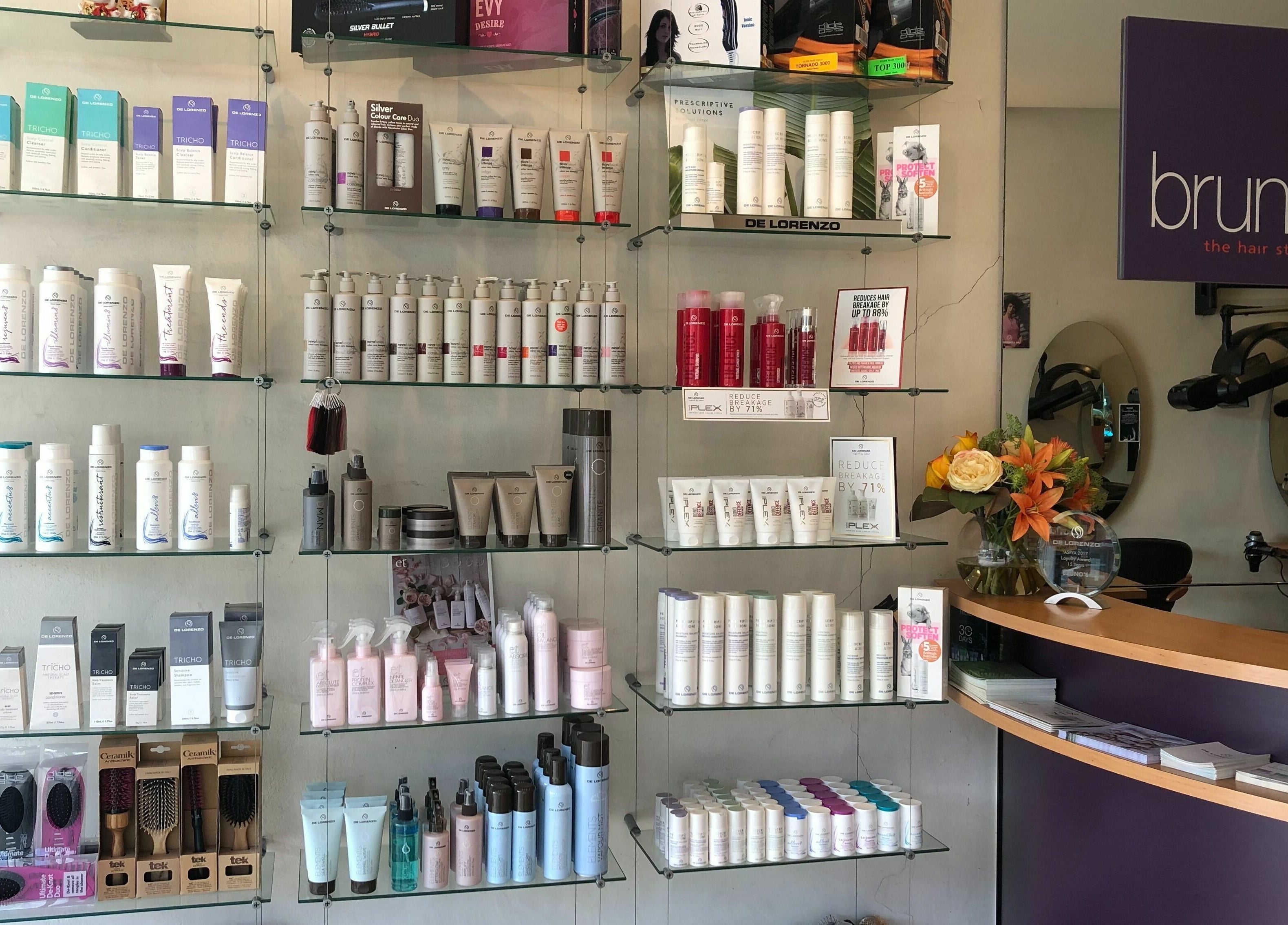 Bruno Hair and Makeup in Lindfield, New South Wales showcases a vibrant array of beauty products.