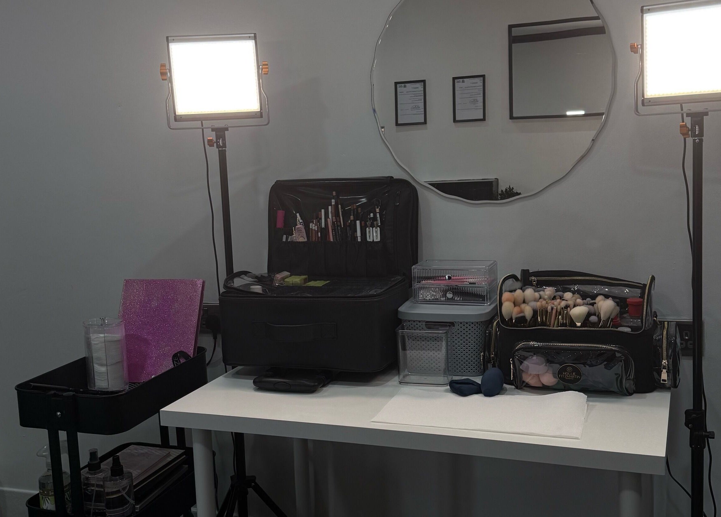 EleanorLarkinMUArtistry beauty studio in Hindley, England, featuring makeup stations with professional lighting.