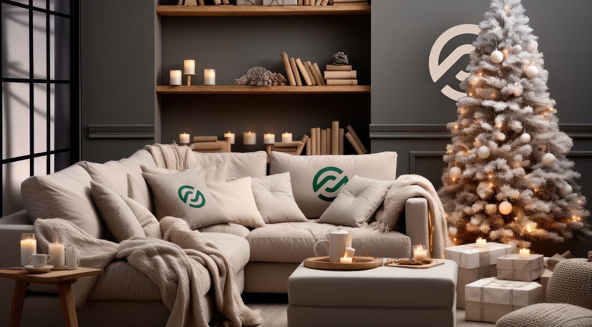 Elegant holiday decor at Rooted on Main in Concord, New Hampshire, US with candles and winter tree.