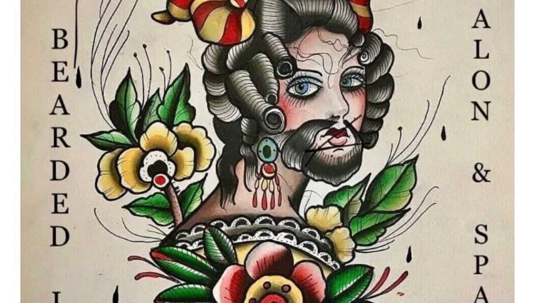 Creative artwork at The Bearded Lady Salon, Fernandina Beach, Florida, US, featuring floral motifs.