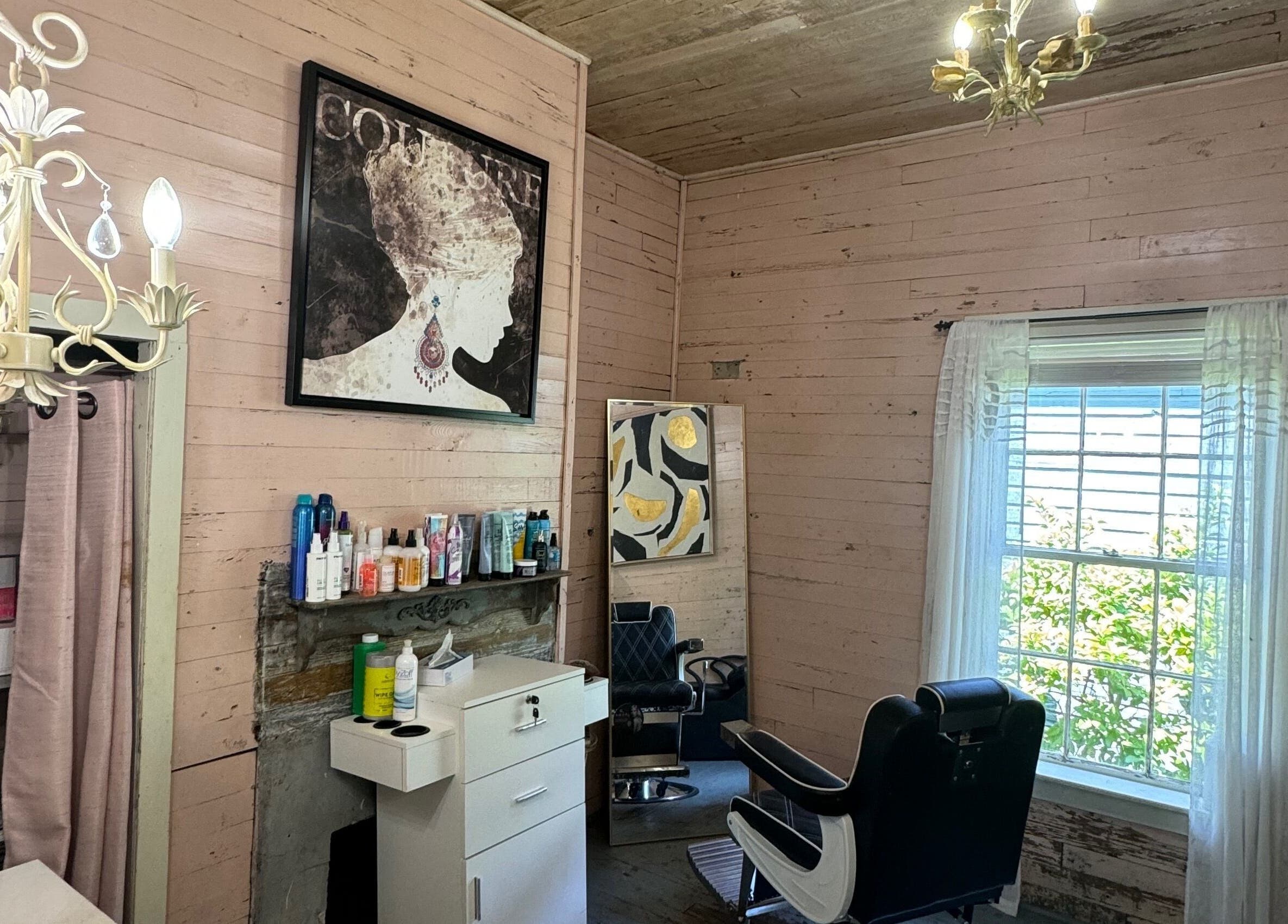 Elegant vintage salon at The Bearded Lady Salon, Fernandina Beach, Florida, US with classic decor.