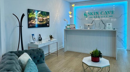 Skin Cave Beauty reception area with modern decor in Mississauga, Ontario, CA.