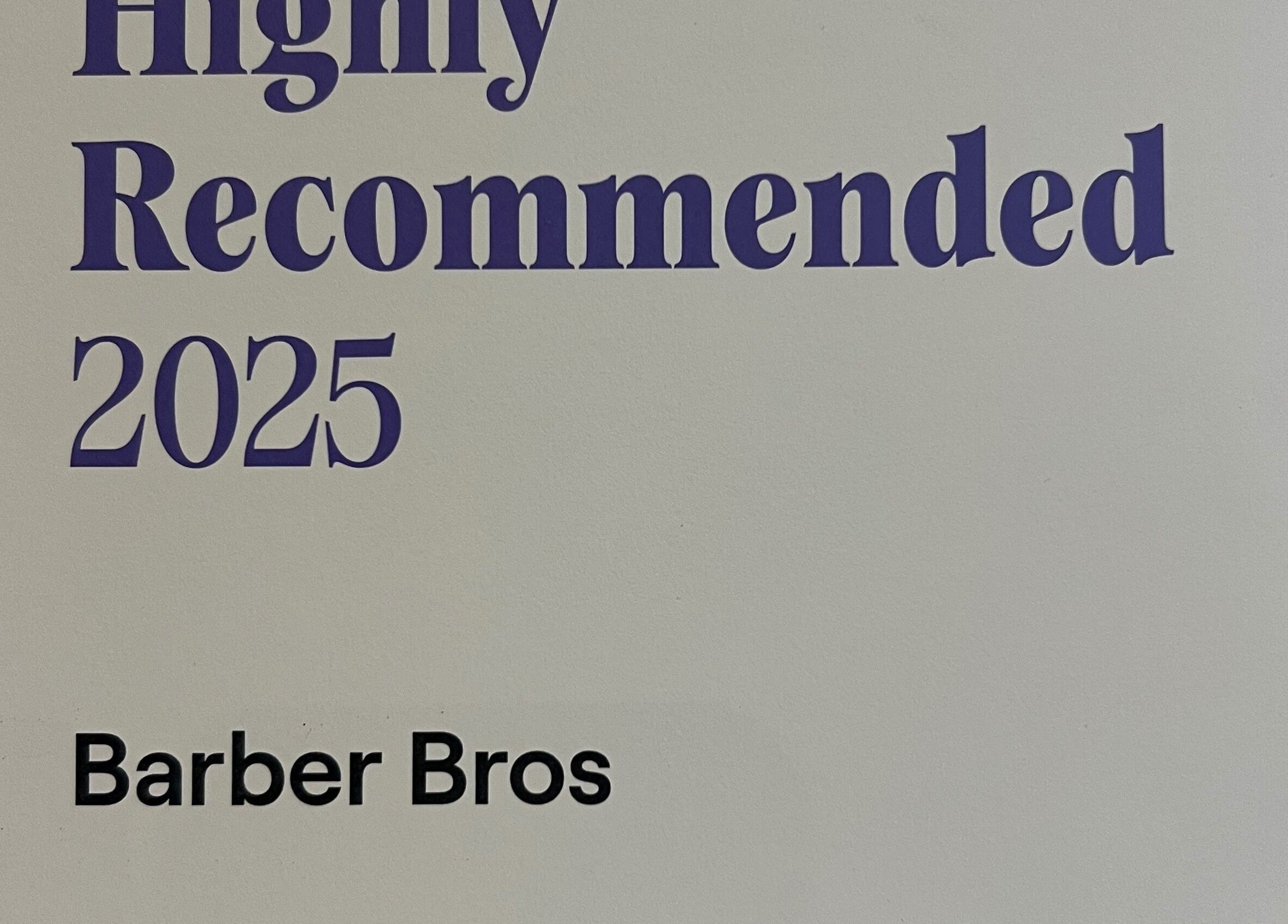 Barber Bros award 'Highly Recommended 2025' displayed, Melbourne, Victoria, AU.