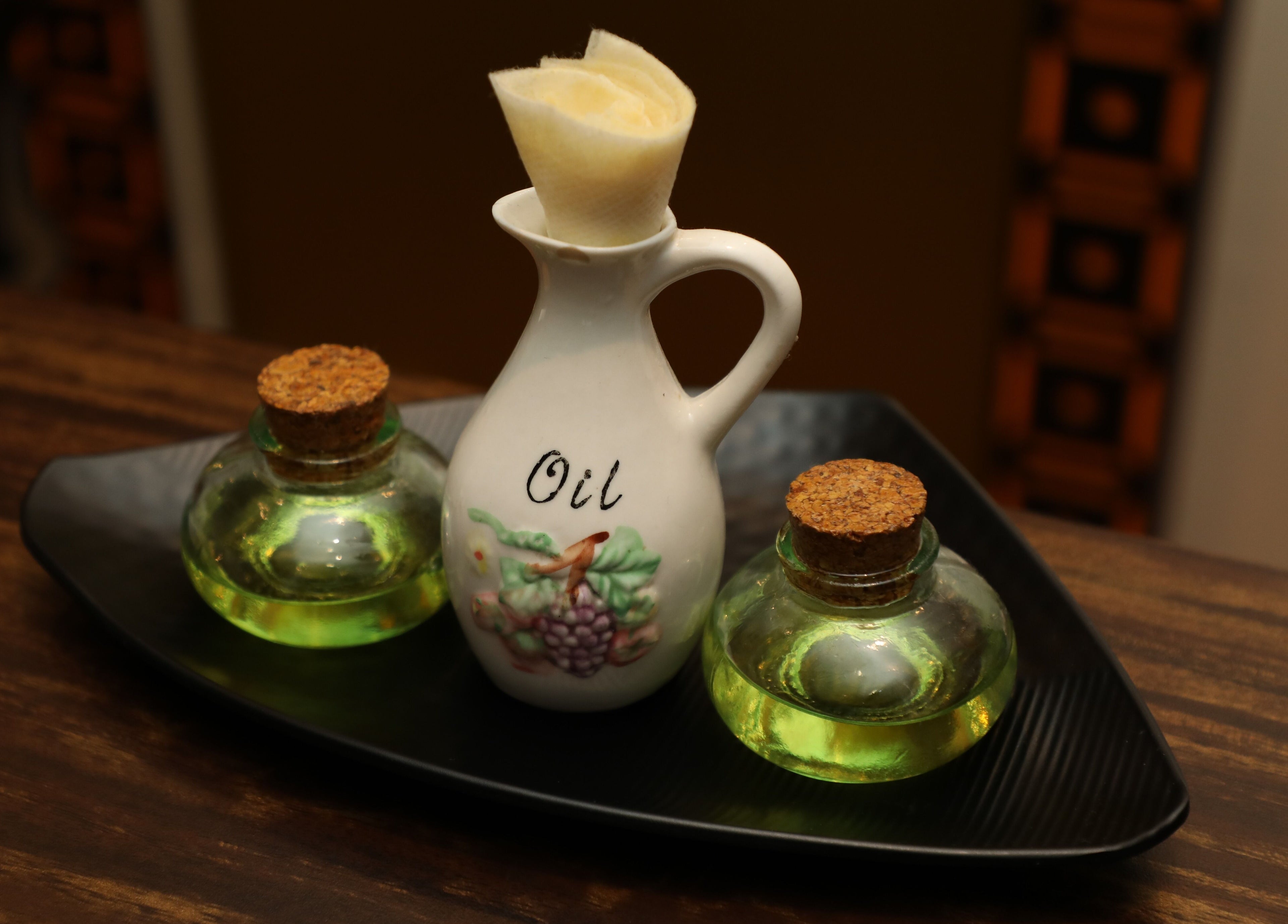 Aromatic oils on display at Hasta Spa Virugambakkam, Chennai, Tamil Nadu, IN.