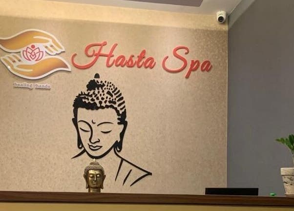 Reception area of Hasta Spa Anna Nagar with Buddha decor in Chennai, Tamil Nadu, IN