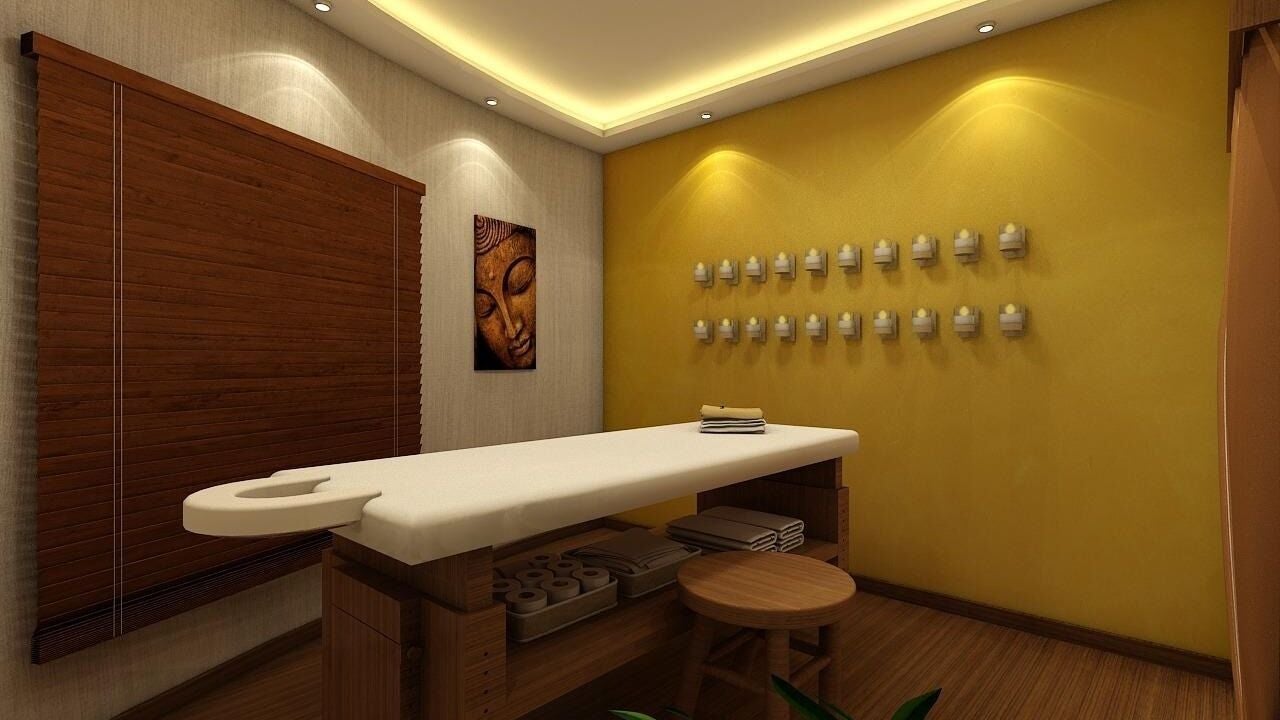 Relaxing massage room at Hasta Spa OMR, Navalur, Chennai, Tamil Nadu, IN with soothing decor and ambient lighting.