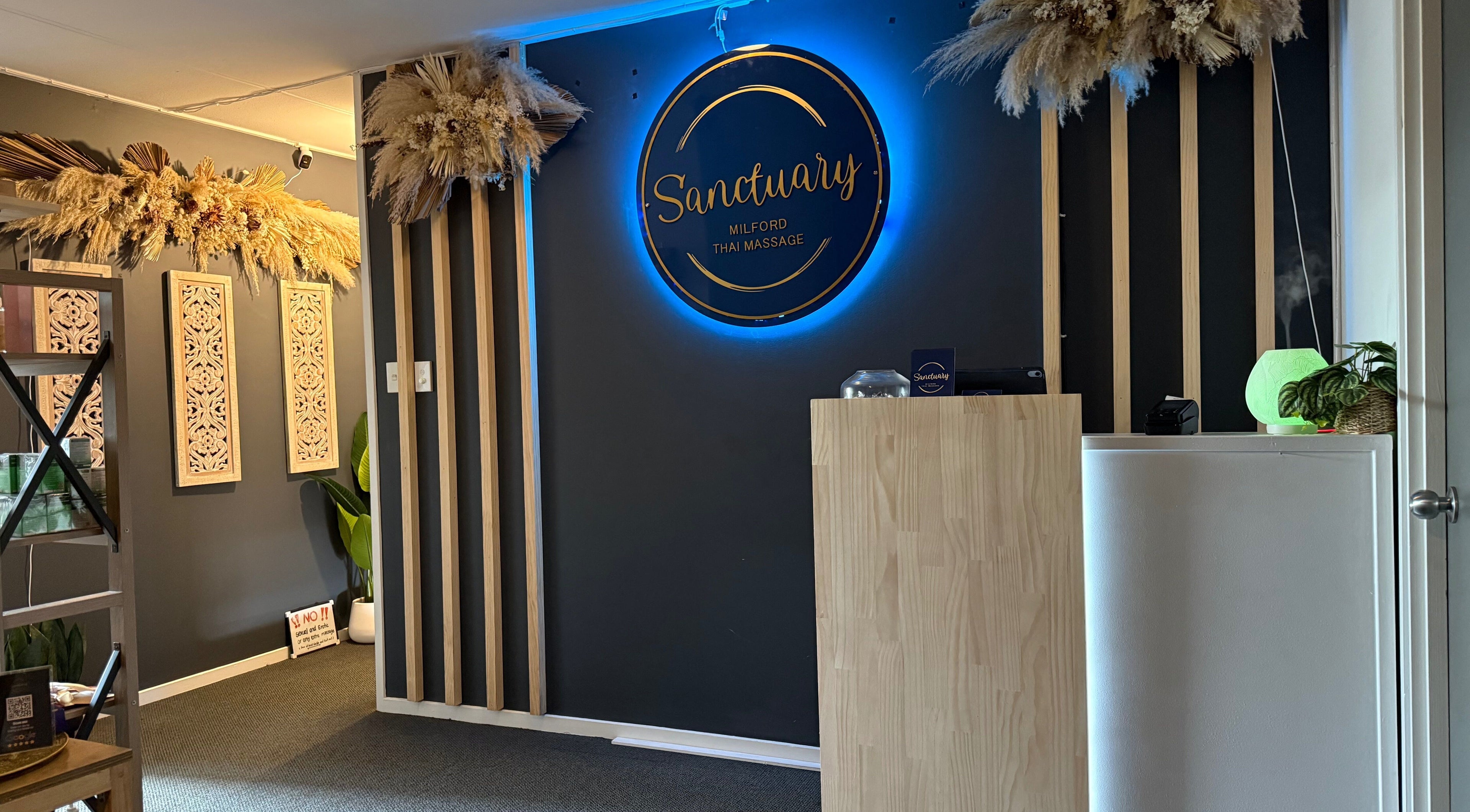 Reception area of Sanctuary Milford Thai Massage in Auckland, Auckland, NZ, featuring calming decor.