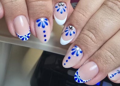 Blue and white nail art design at Nails by Ashley, Bangor, Northern Ireland, GB.