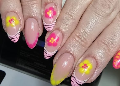 Bright floral nails by Nails by Ashley in Bangor, Northern Ireland, GB showcasing intricate art designs.