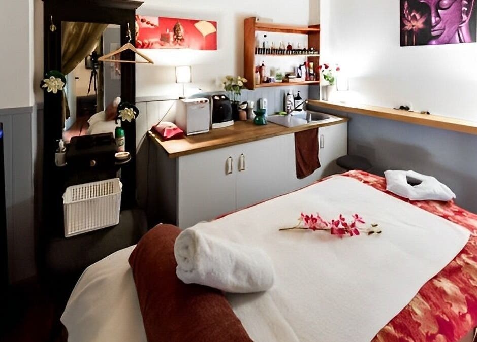 Cozy massage room at Beyonder Relax and Wellness, Paradise Point, Queensland, AU, with soothing decor.