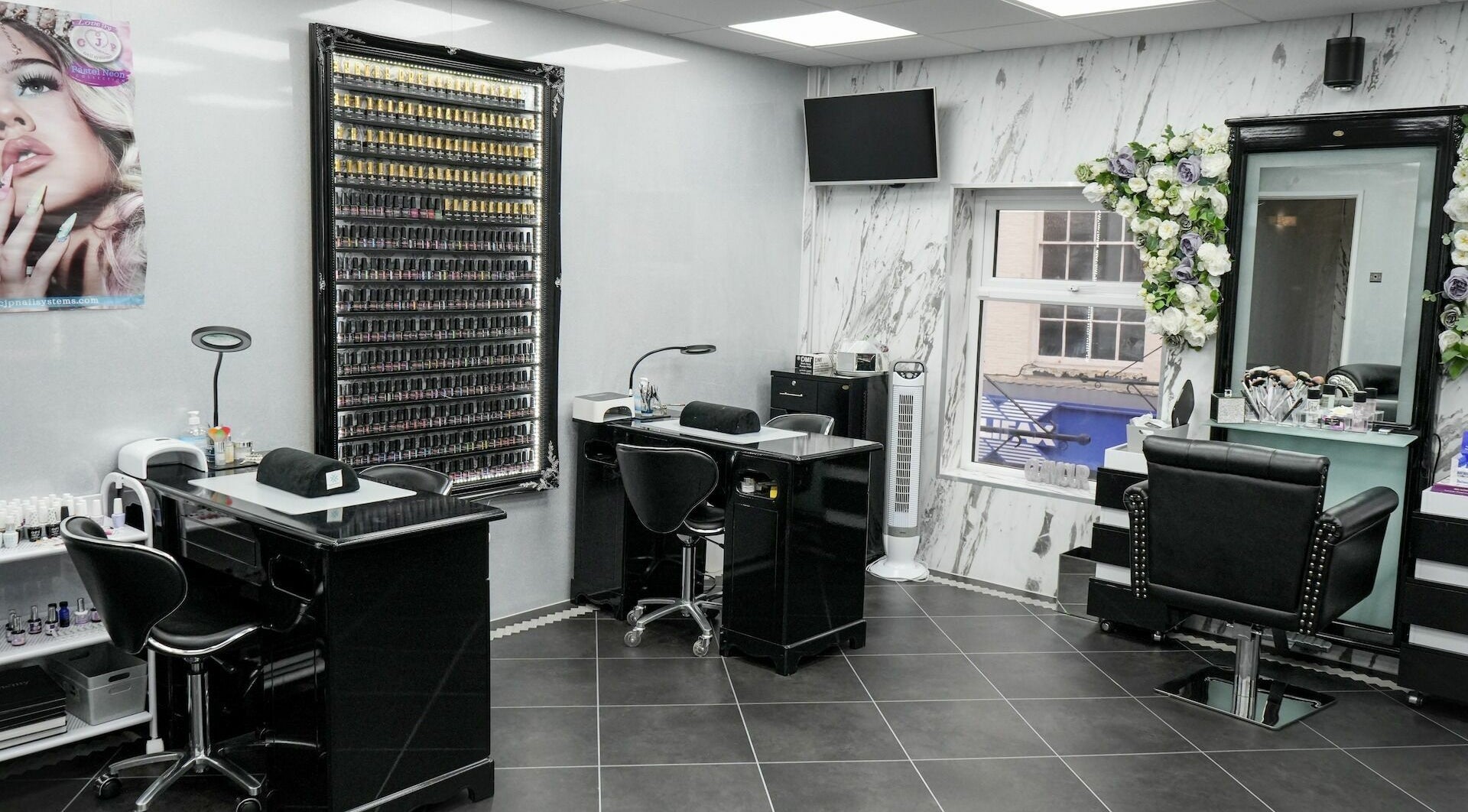 Bright Smiles Beauty salon interior in Bridgwater, England, GB featuring chic black and white decor.