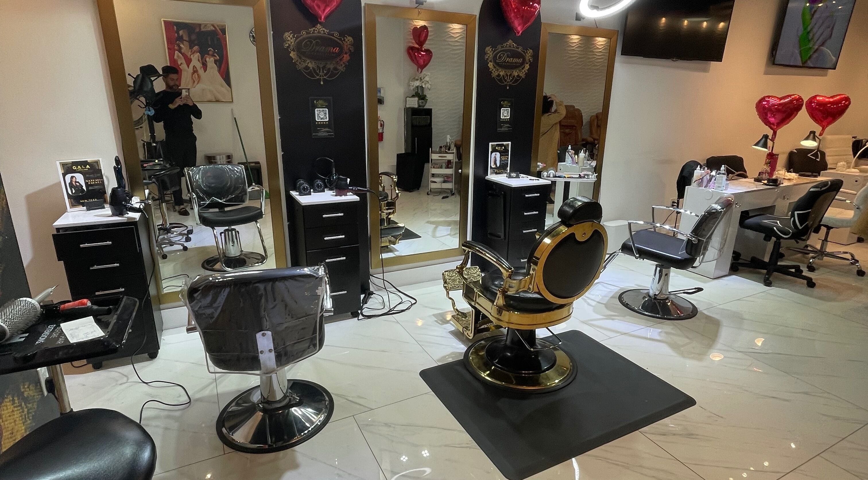 Elegant interior of Drama Hair & Nail Salon in Miami, Florida, US showcasing stylish salon chairs and decor.