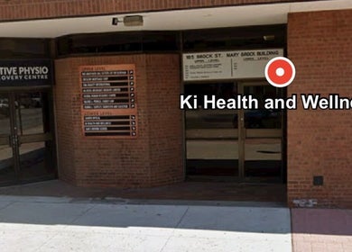 Exterior of Ki Health and Wellness, Whitby, Ontario, CA showing entrance with signage.