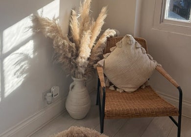 Cozy corner at Face Co Beauty and Aesthetics, Taunton, England, GB with woven chair, pampas grass, and soft lighting.