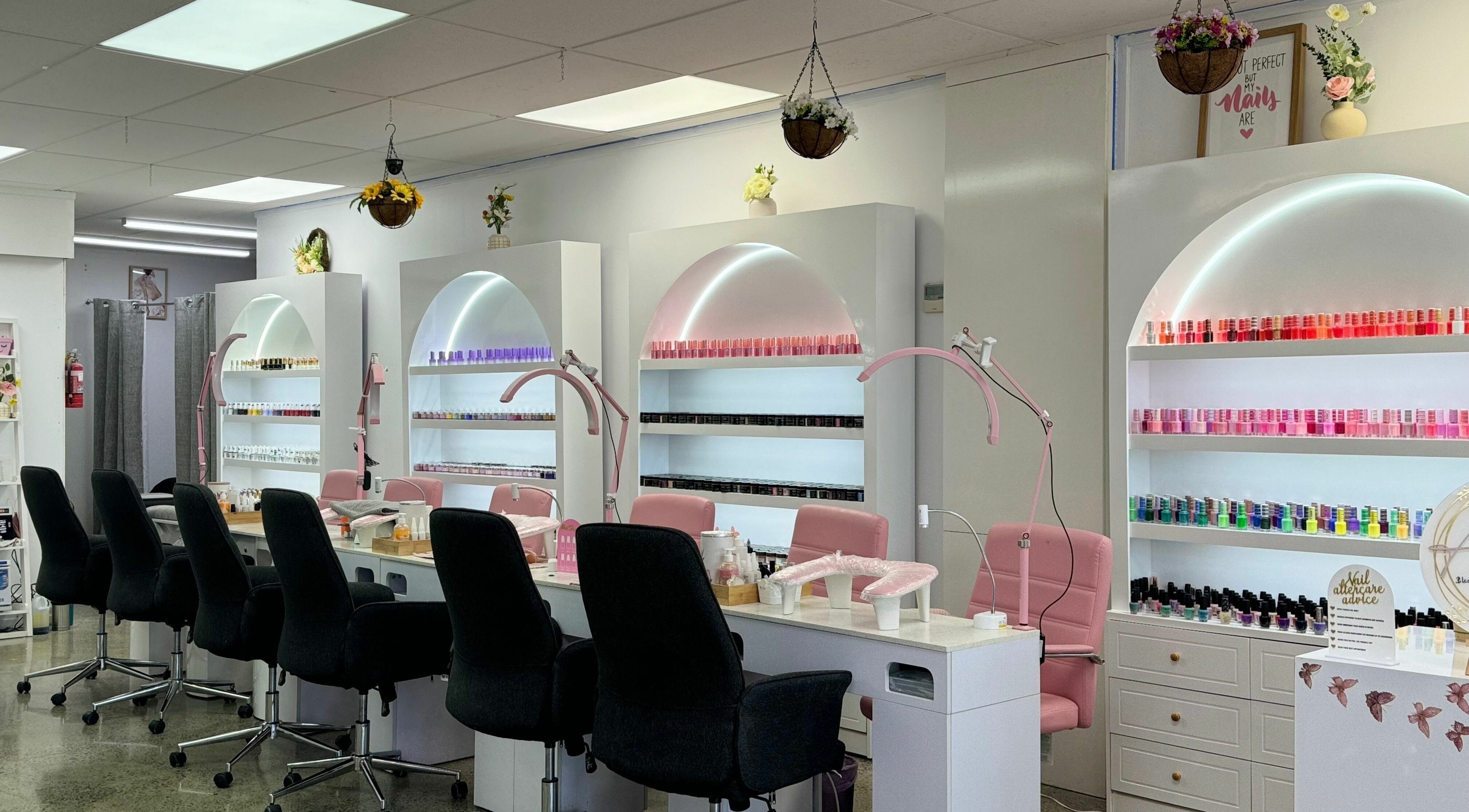 Interior of Angel Nails and Beauty Blenheim, featuring stylish nail stations in Blenheim, Marlborough, NZ.
