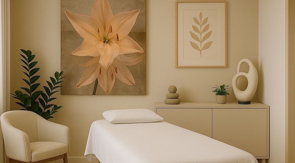 Sala de terapia com decoração floral na Pérola De Gingko Clínica De Terapias Naturais, Luanda, Luanda, AO.