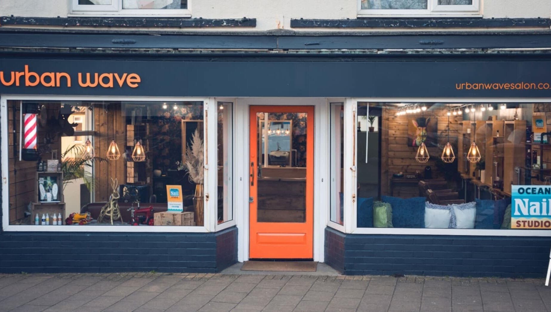 Exterior of Urban Wave, a stylish beauty salon in Northam, England, GB, showcasing modern decor and welcoming entrance.