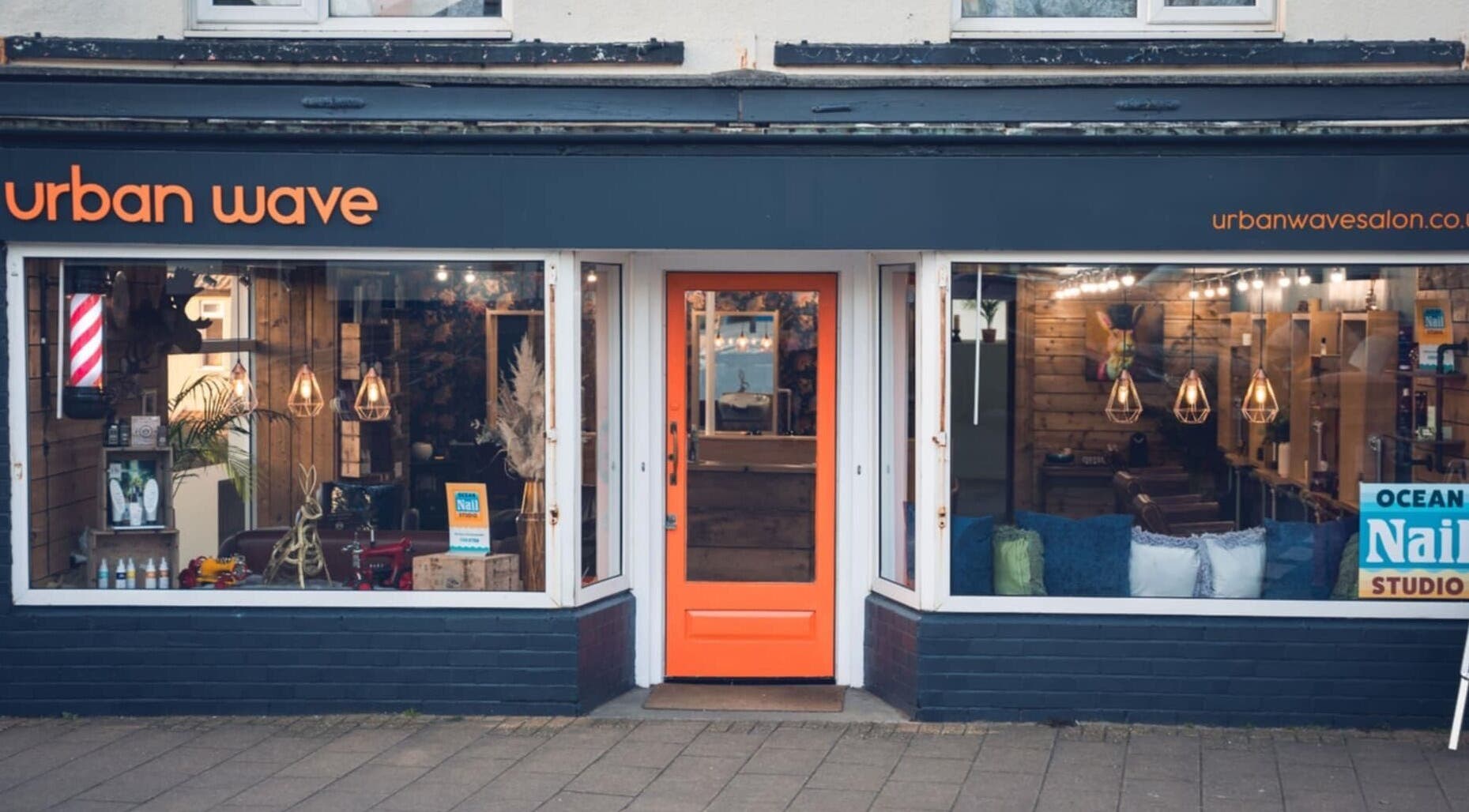 Exterior of Urban Wave, a stylish beauty salon in Northam, England, GB, showcasing modern decor and welcoming entrance.