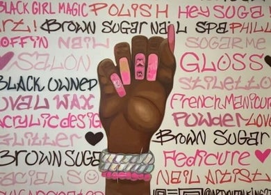 Colorful mural at Brown Sugar Nail Spa SUITE showcasing nail art in Philadelphia, Pennsylvania, US.