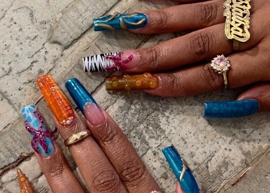 Vibrant, artistic nail designs at Brown Sugar Nail Spa SUITE, Philadelphia, Pennsylvania, US.