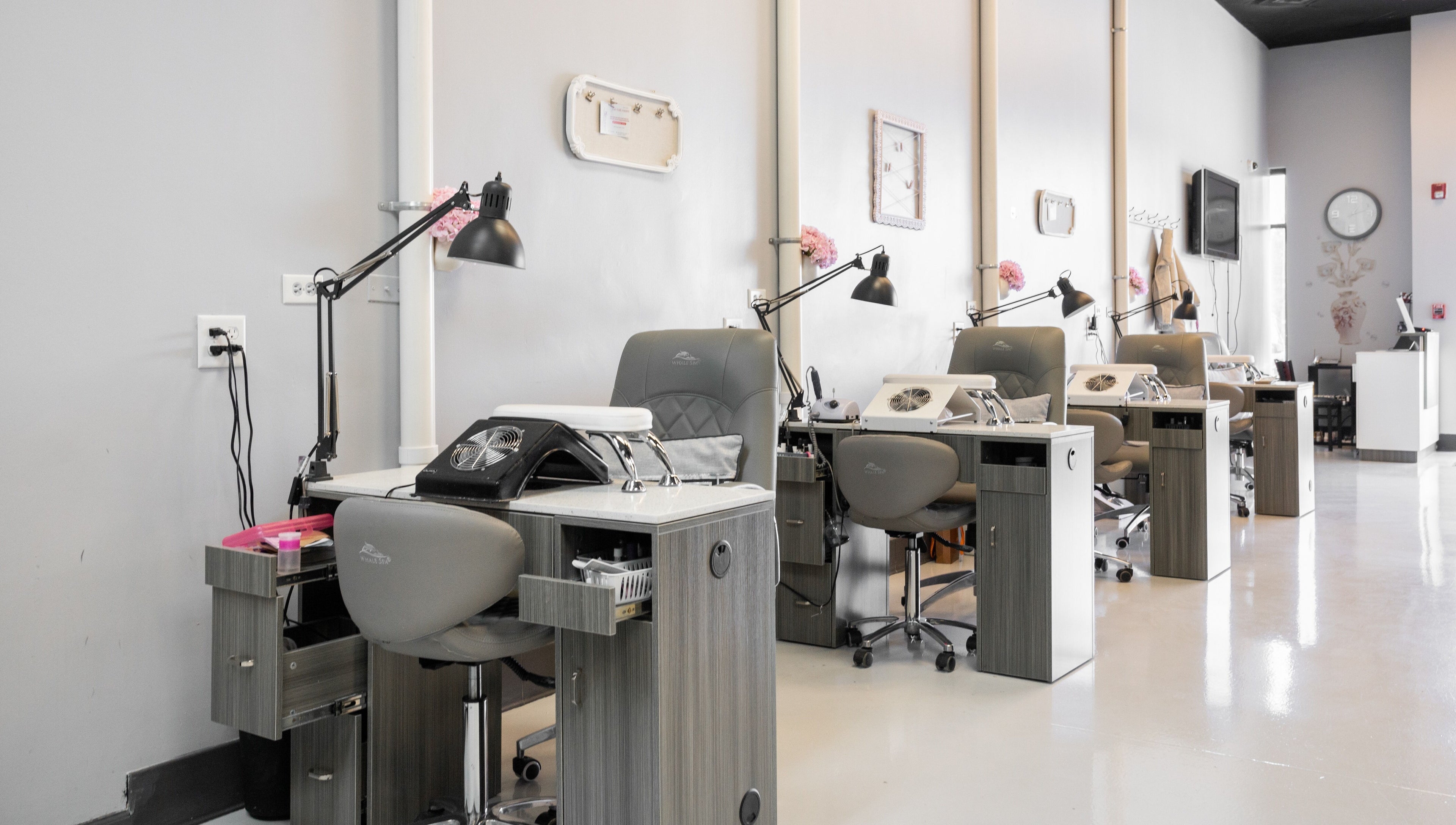 Spacious nail stations at EG Nails & Spa in Naperville, Illinois, US, offering a relaxing manicure experience.