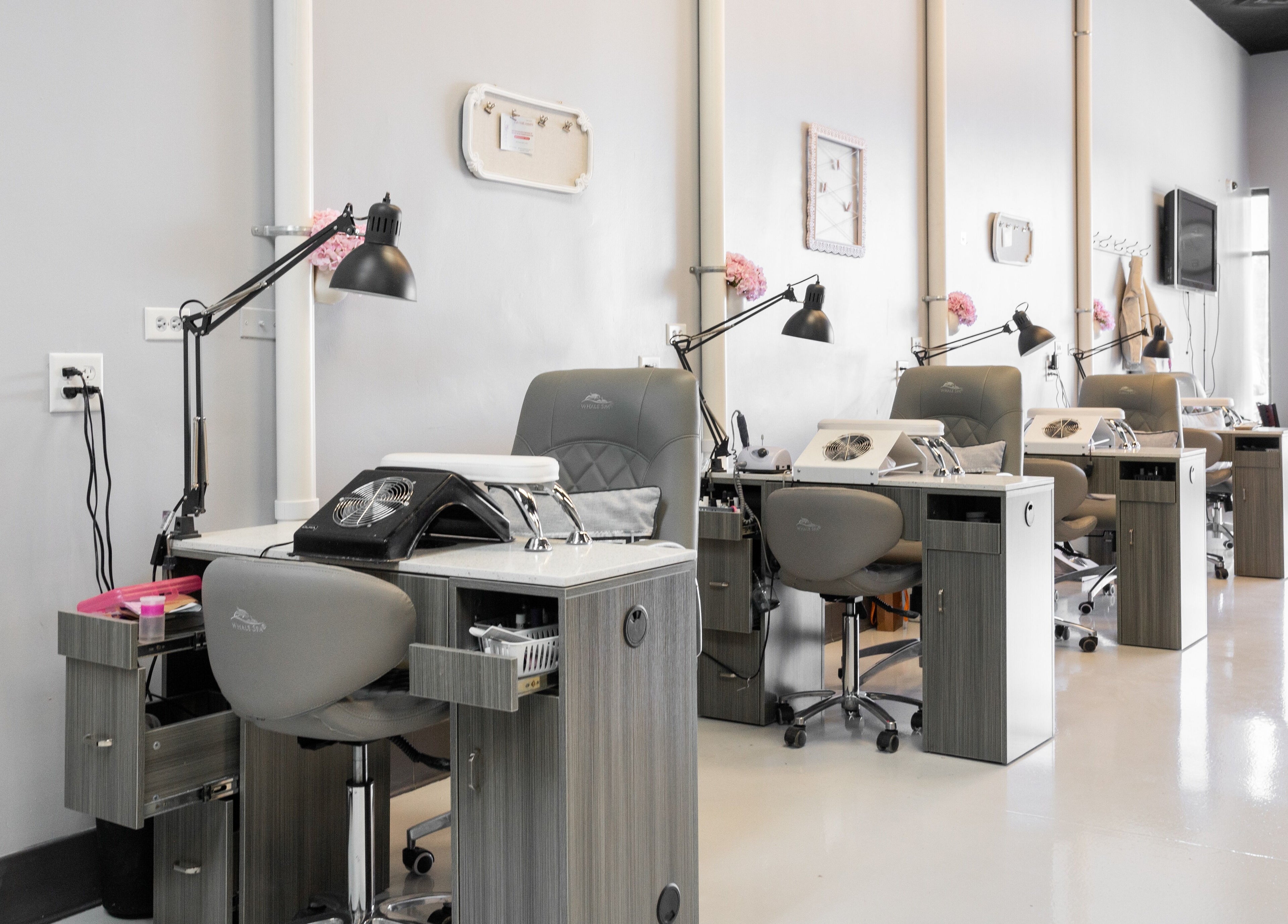 Spacious nail stations at EG Nails & Spa in Naperville, Illinois, US, offering a relaxing manicure experience.