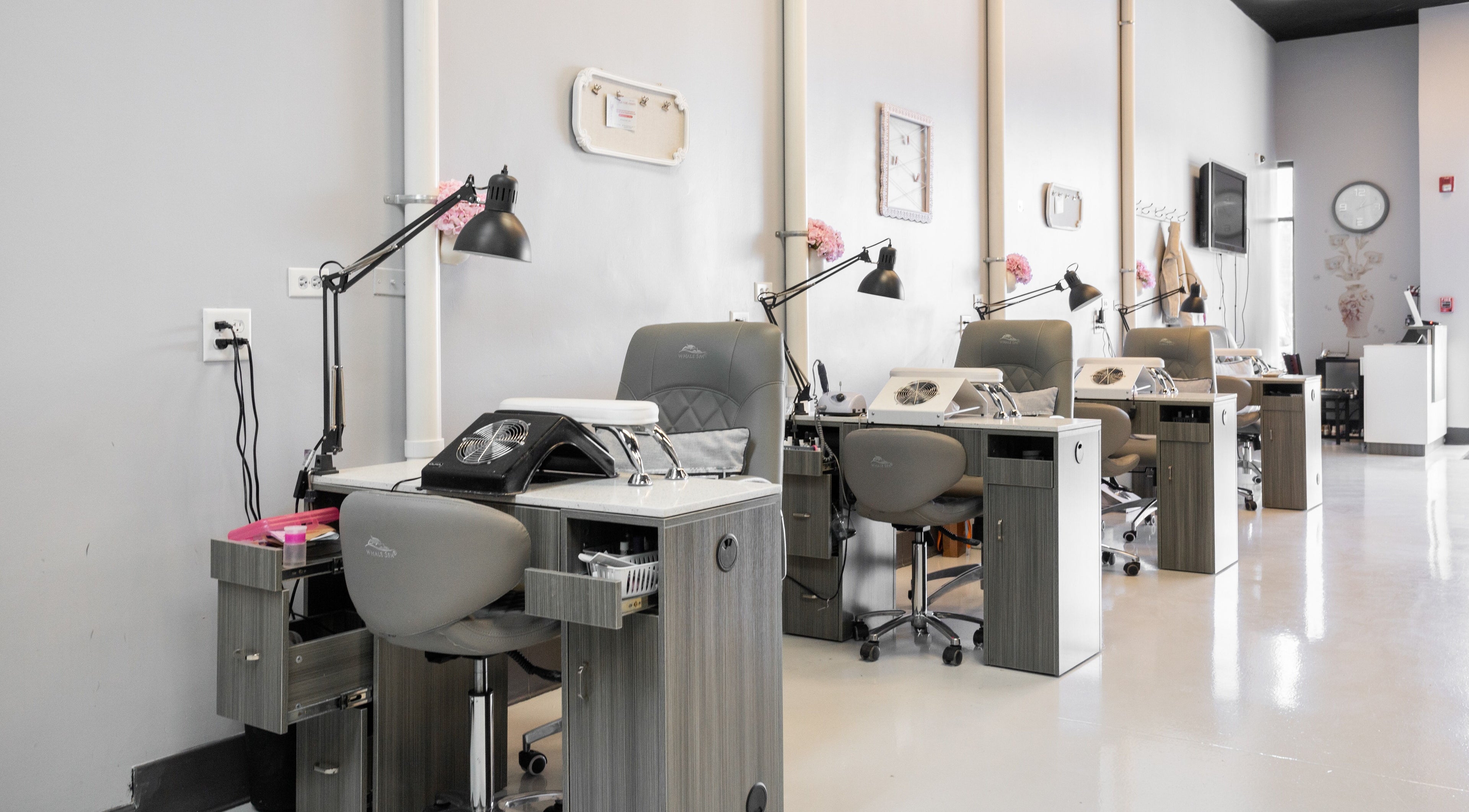 Spacious nail stations at EG Nails & Spa in Naperville, Illinois, US, offering a relaxing manicure experience.