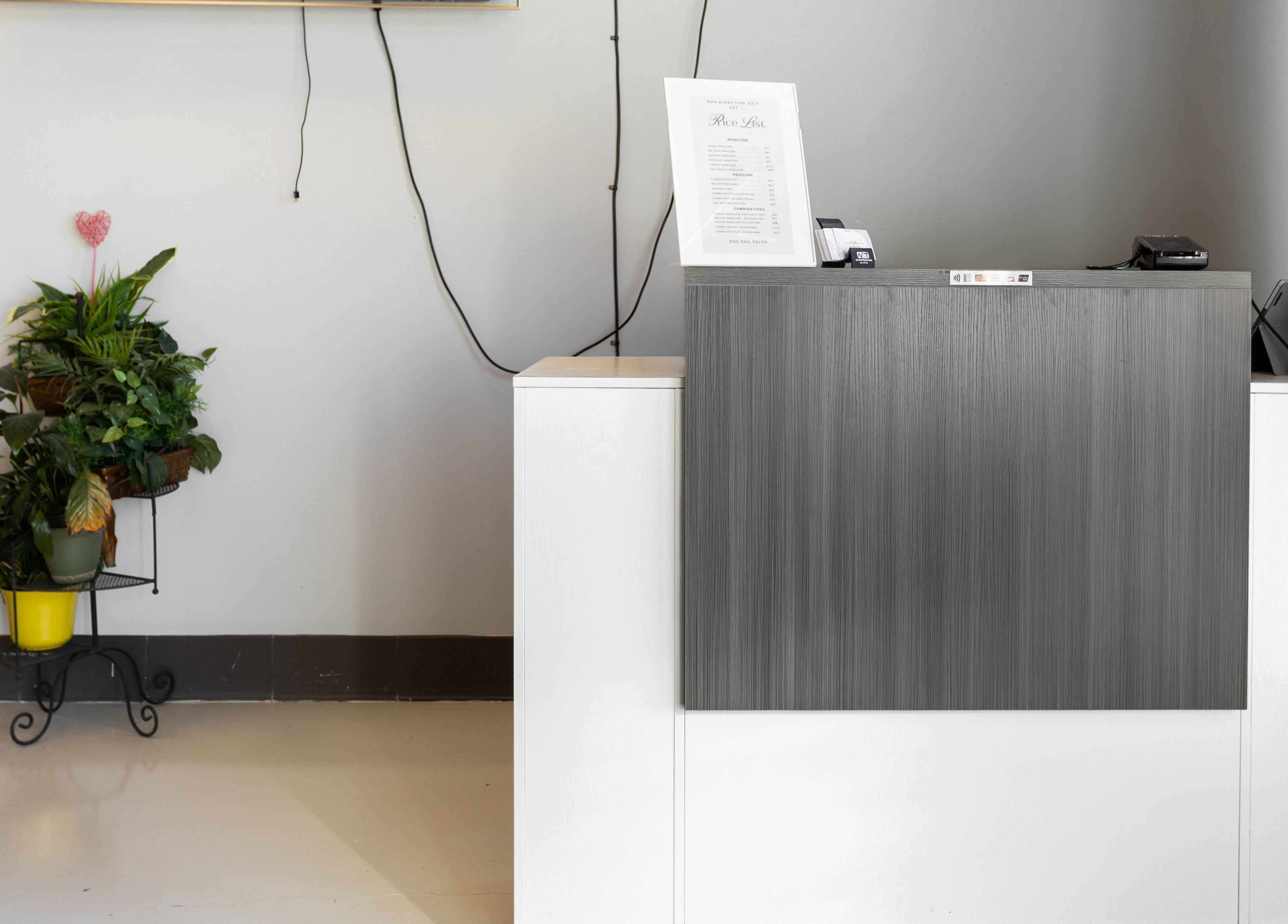 Reception area at EG Nails & Spa, Naperville, Illinois, with a modern desk and green foliage decor.