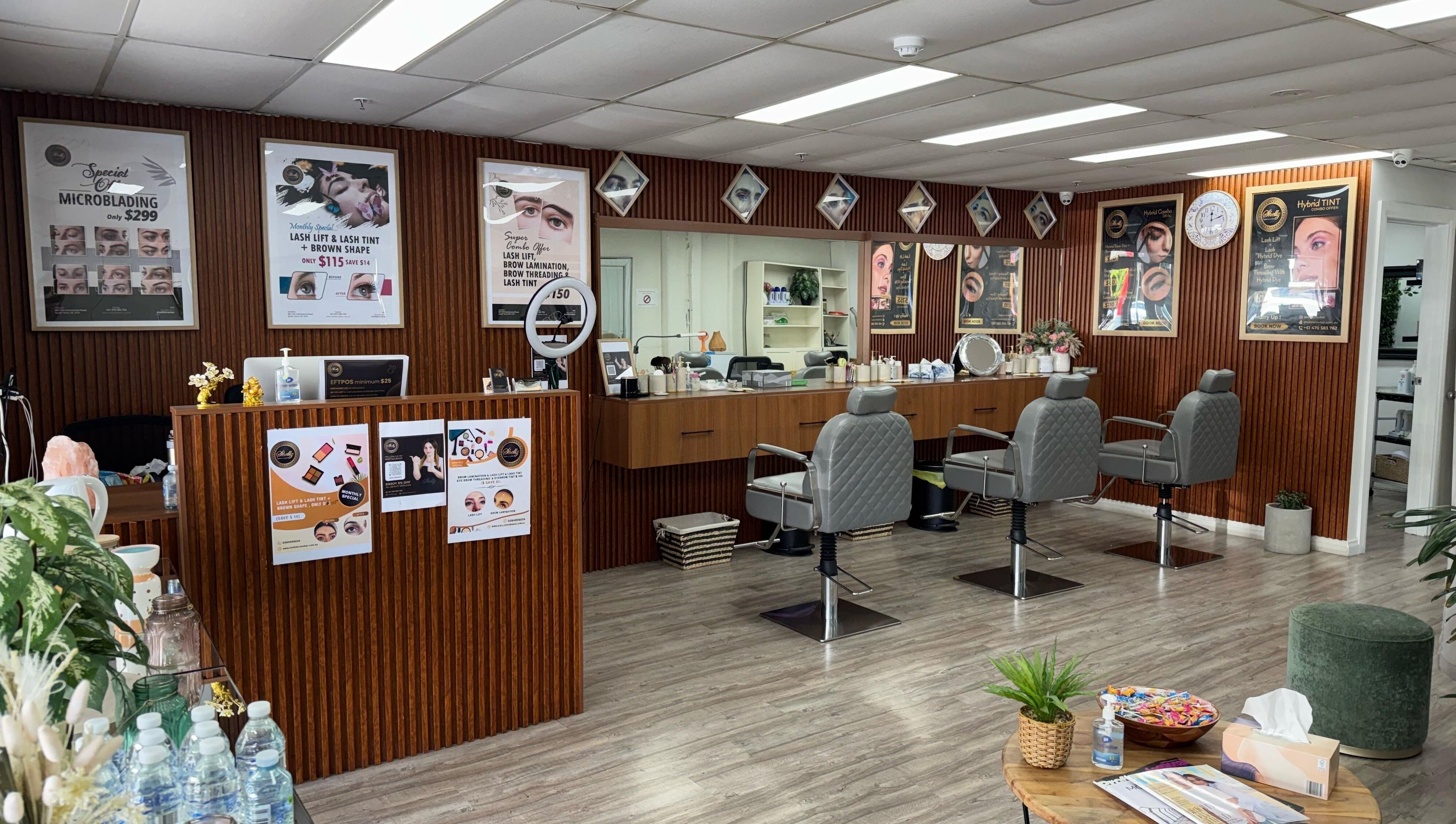 Chic interior of Shellz Brow Bar, Melbourne, Victoria, AU with sleek styling chairs and modern decor.