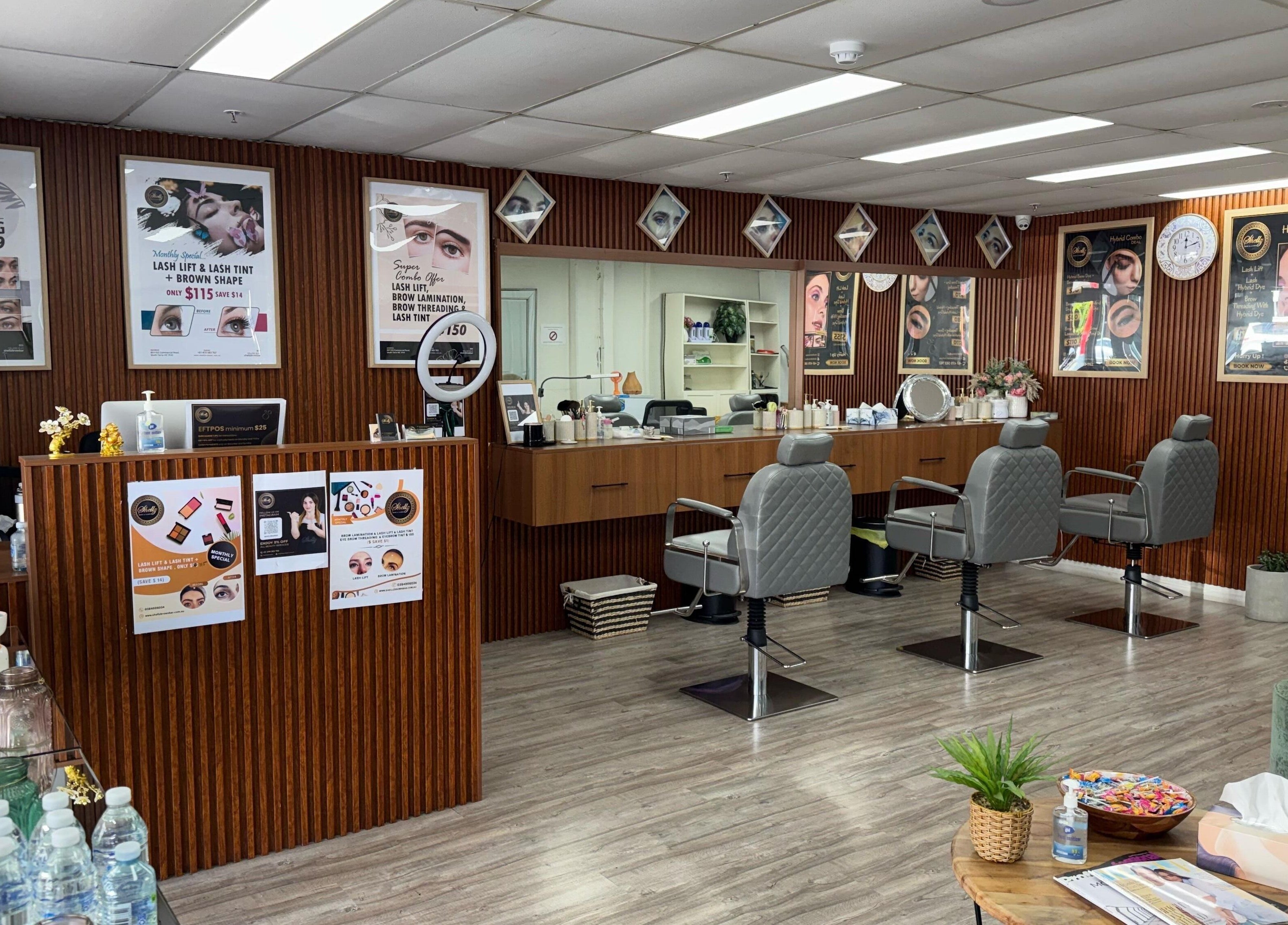 Chic interior of Shellz Brow Bar, Melbourne, Victoria, AU with sleek styling chairs and modern decor.