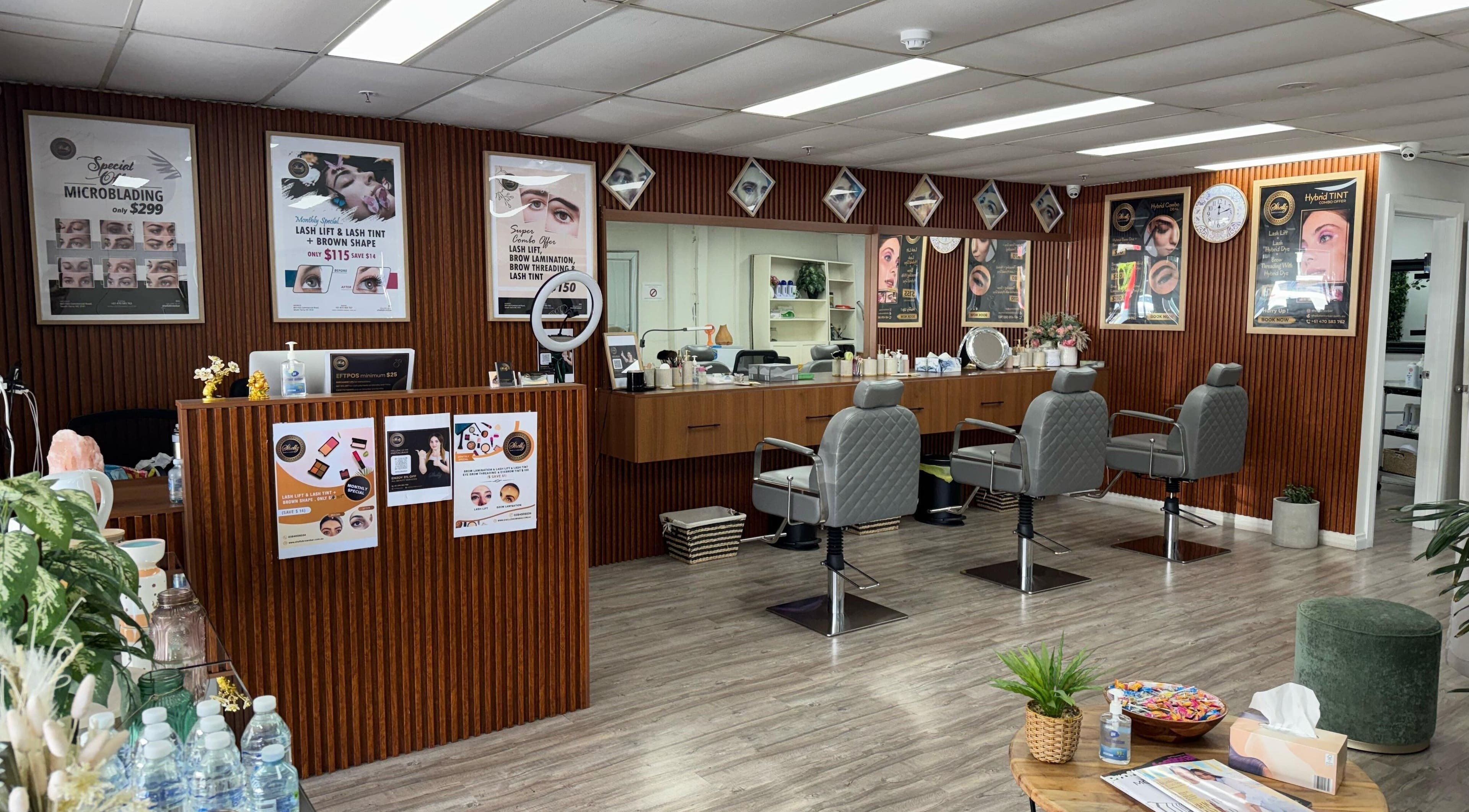 Chic interior of Shellz Brow Bar, Melbourne, Victoria, AU with sleek styling chairs and modern decor.