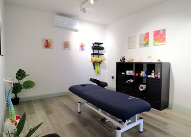 Calming therapy room at Myobody Balance in Drogheda, County Louth, IE, featuring massage table and art.