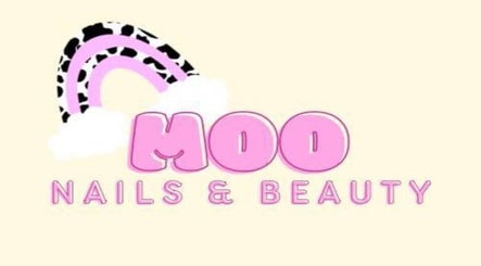 Moo Nails & Beauty logo featuring a pink and black cow-patterned rainbow in Exeter, England, GB.