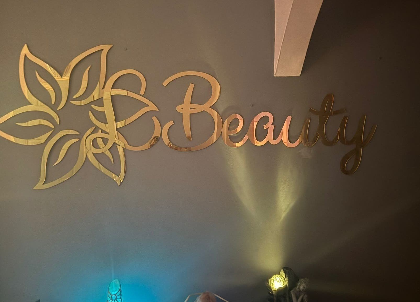 Wall art at LBeauty in Limerick, County Limerick, IE featuring gold floral design and elegant script logo.