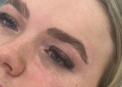 Eyebrow and eyelash closeup at Pretty Little Lashes, Ayr, Scotland, GB showcasing detailed lash work.
