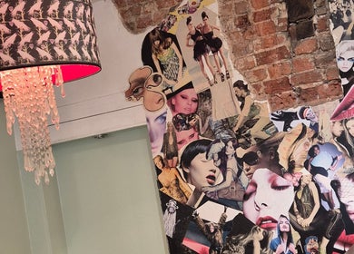 Artistic collage decor in Associates Hair Winchester, showcasing unique style. Winchester, England, GB.