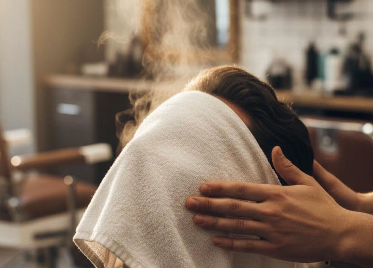 Relaxing hot towel treatment at Elite Eight Barbering Co, Saint Stephen, England, GB.