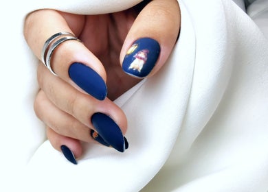 Navy blue nail art with chic silver rings at Silvia Vasiliu Nails, STOKE-ON-TRENT, England, GB.