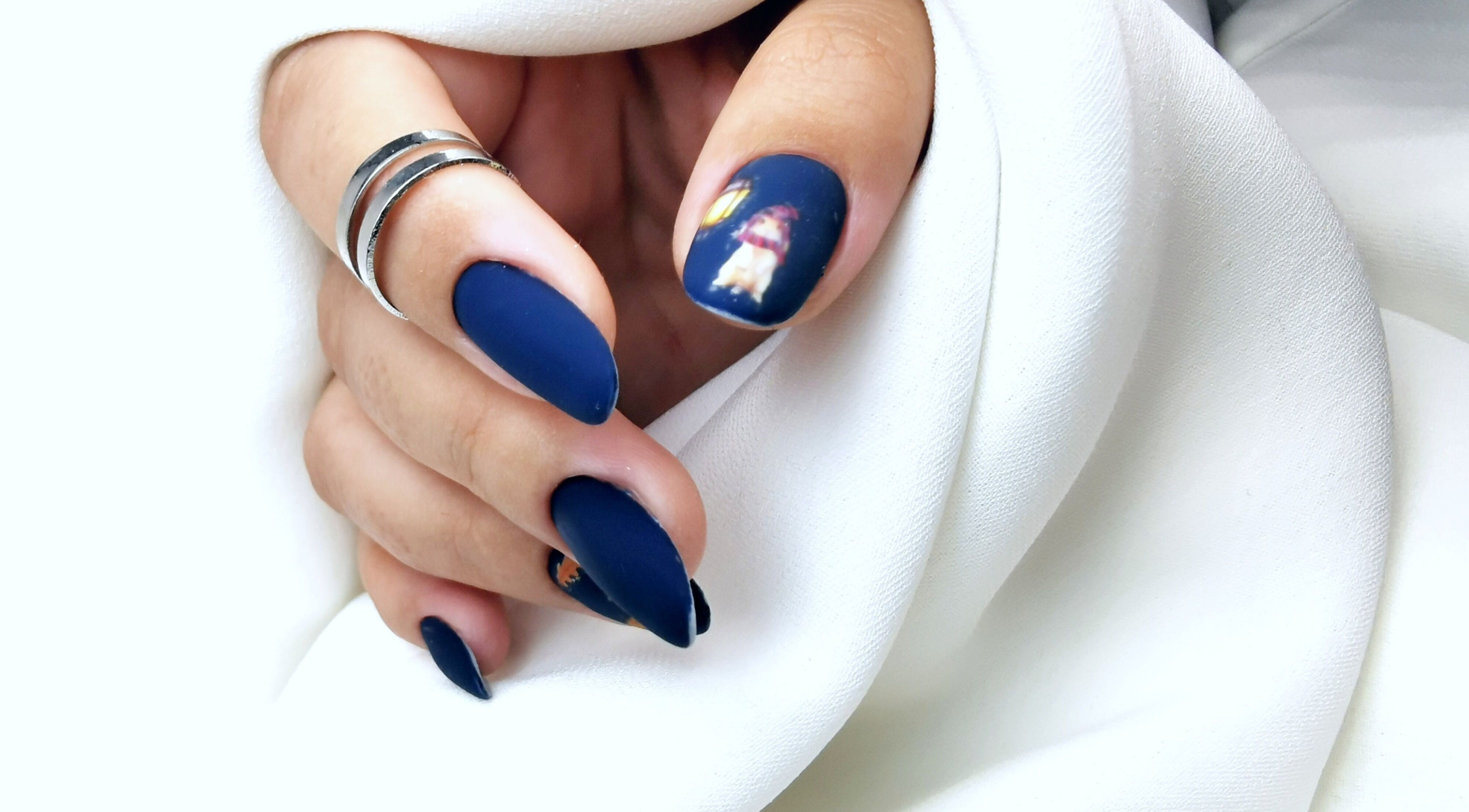 Navy blue nails with art design, crafted at Silvia Vasiliu Nails, STOKE-ON-TRENT, England, GB.