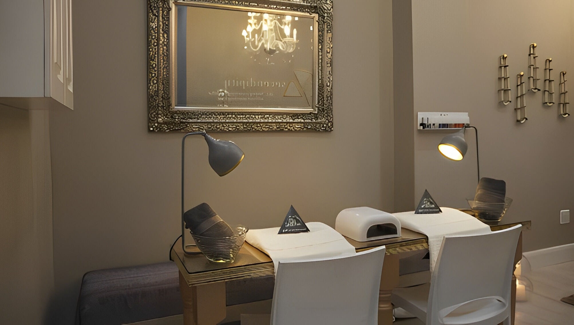 Stylish nail care station at Serendipity Beauty Studio, George, Western Cape, ZA with decorative mirror and lighting.