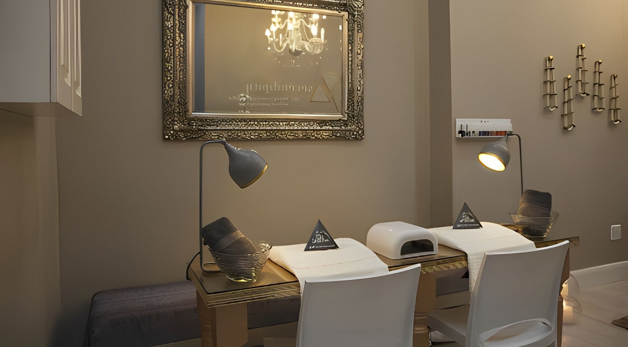 Stylish nail care station at Serendipity Beauty Studio, George, Western Cape, ZA with decorative mirror and lighting.