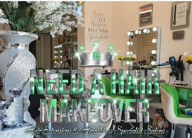 Interior of Need a Makeover Hair salon in Dudley, England, GB with elegant decor and styling stations.