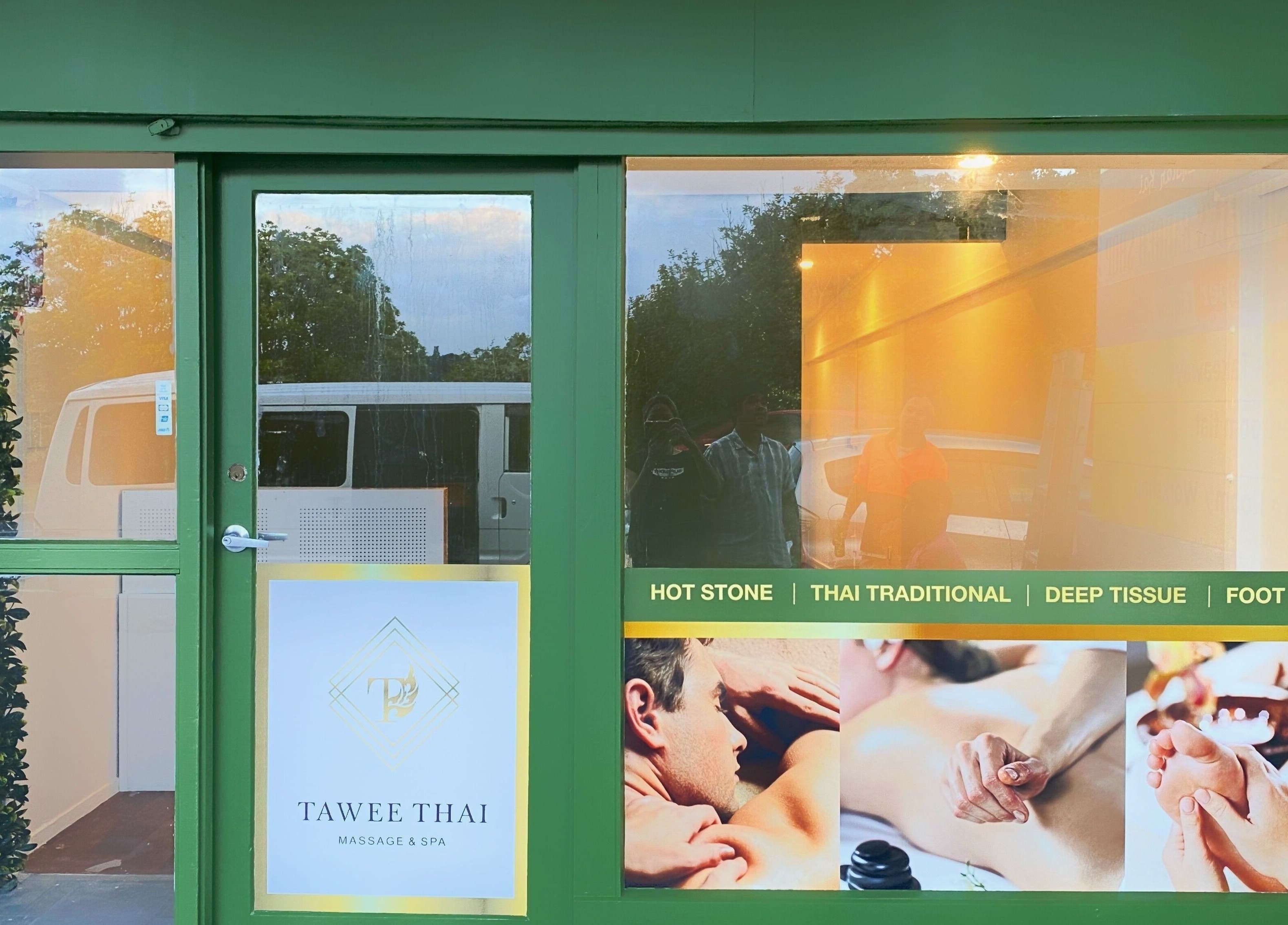 Front view of Tawee Thai Massage and Spa in Auckland, NZ showcasing massage services signage.