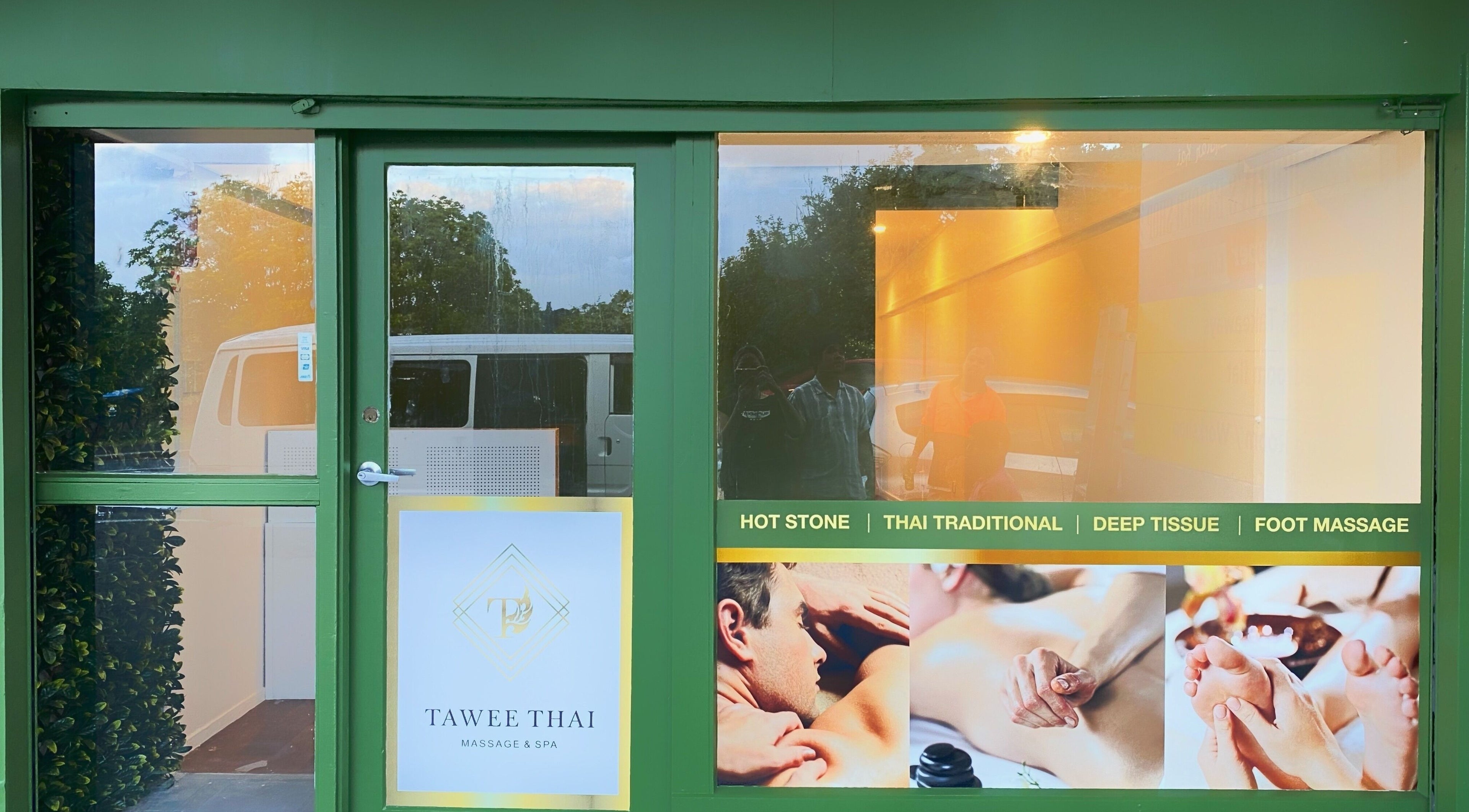 Front view of Tawee Thai Massage and Spa in Auckland, NZ showcasing massage services signage.