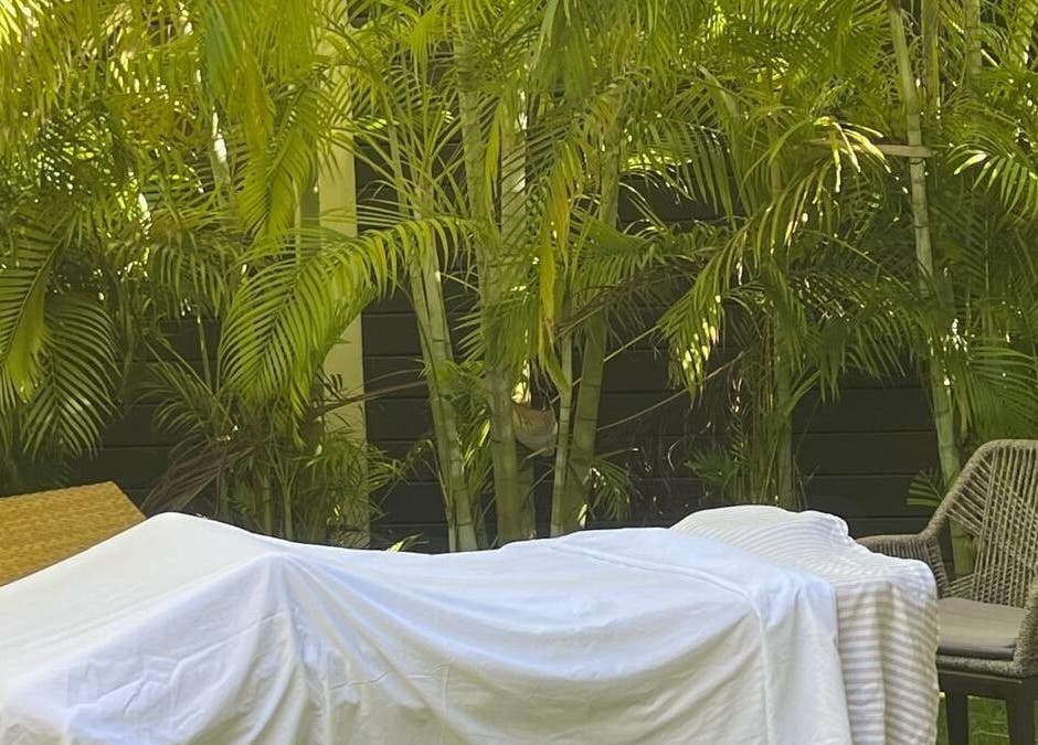 Outdoor massage table at Molly's Hair and Spa Cayman, Grand Cayman, KY surrounded by lush greenery.